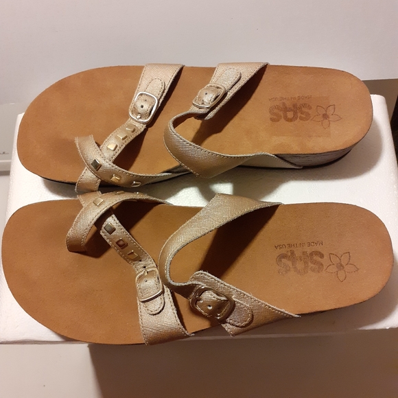 SAS Jett Toe Loop Slide LEATHER Tripad Soft Footbed Comfort Sandal Gold/Tan 10 - Picture 3 of 16